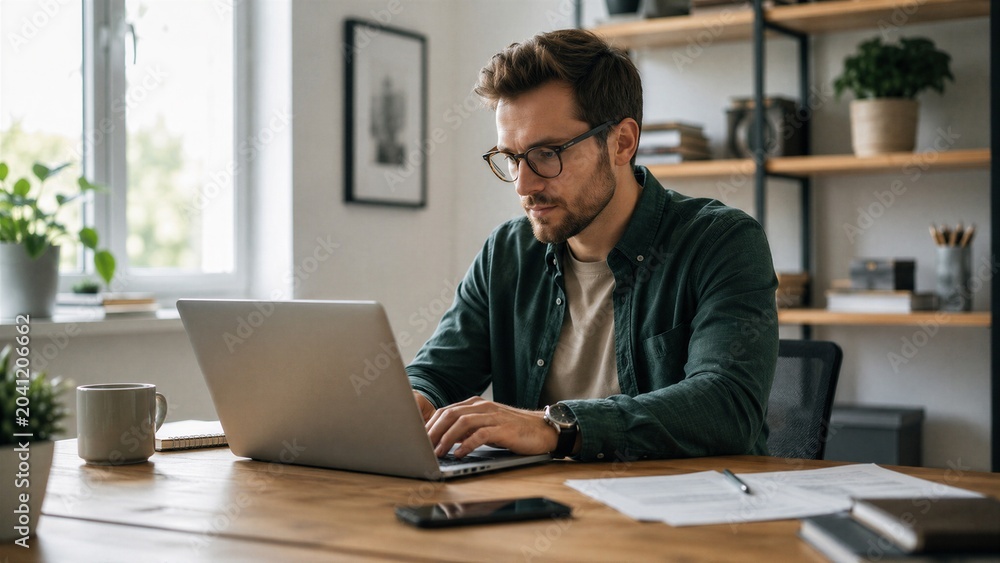 Obraz premium A man wearing glasses and a dark green shirt is typing on a laptop while sitting at a wooden desk. He appears focused on his work in a home office setting
