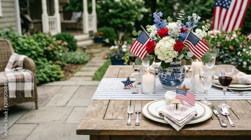 Outdoor dining table set for Fourth of July celebration with American flags and flowers