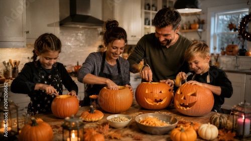 Family carving pumpkins for Halloween in a kitchen setting. A mother, father, and two children are gathered around a table, happily engaged in decorating the gourds.
