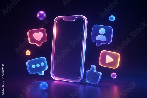 Neon smartphone surrounded by glowing social media icons on dark background