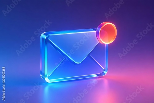 Futuristic 3D neon email icon with notification alert