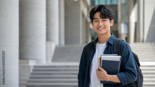 A young Asian student with a backpack smiles at the camera while holding books outside a university building.