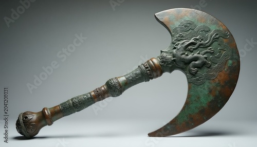 Ancient Chinese bronze axe decorated with dragon motif. Intricate carving on axe head and handle. Shows artifact from Shang Dynasty period. Cultural heritage display.