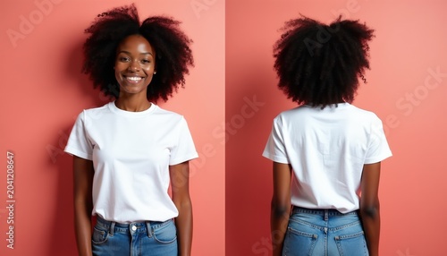 Young Black woman wears white t-shirt and blue jeans against a coral pink backdrop. Front and back views displayed. Shows casual style and blank apparel for design.