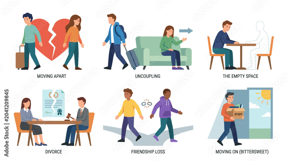 Fototapeta premium The relationship ends with a breakup, and love couples may go through divorce, while friends and partners experience loss, departure, separation, and breakdown; this psychological concept is
