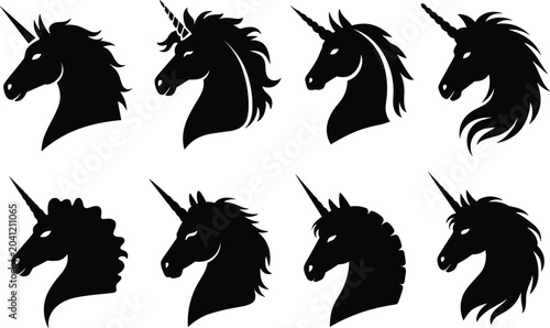 Принти на полотні Unicorn Silhouette Collection: A stylized set of eight black silhouettes showcasing the majestic profile of unicorns with flowing manes and iconic horns, representing fantasy and mythical creatures