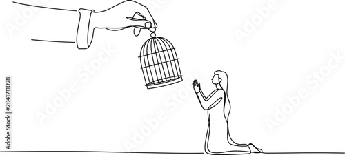 Photos Freedom's Release: A symbolic illustration depicts a hand offering an open birdcage to a woman kneeling in supplication, representing hope and liberation