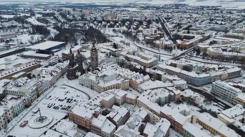 Aerial View of Snow Covered Cityscape and Urban Architecture in Hradec Kralove Czech Republic