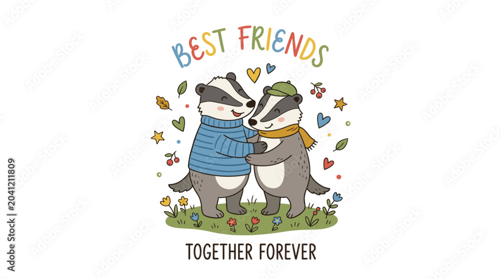 Fototapeta premium Colorful hand‑drawn illustration of a badger couple on a best friends card