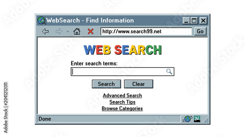 A retro dialog window for web search, featuring a browser bar and message box reminiscent of surfing the internet in the 90s and 2000s, presented as a flat vector illustration of a computer UI