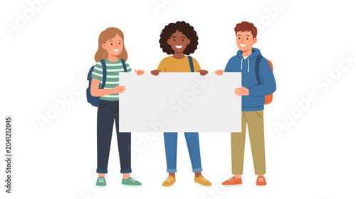Illustration of young people holding empty placards in a flat vector style, depicting students protesting and a youth social movement concept, featuring cheerful girls and a guy with a blank poster