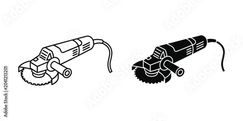 Bild auf Leinwand Angle grinder tool in outline and solid black silhouette with power cord isolate