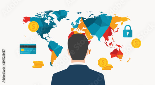 Businessman looking at colorful world map with financial icons, ideal for global finance, business strategy and international trade.