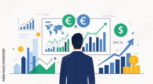 Businessman observing global financial charts with rising graphs and currency symbols, concept for investment strategy, data analysis and economic growth.