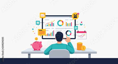 Person analyzing financial charts on a large screen with piggy bank and coins, concept for investment, business analytics and financial planning.