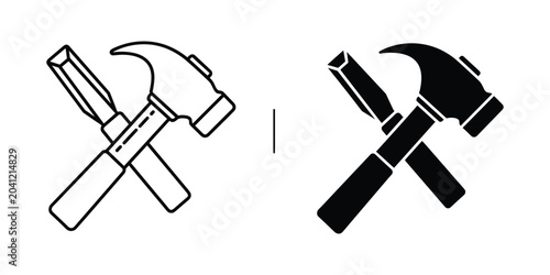 Foto Hammer and chisel crossed against white background with concept of construction