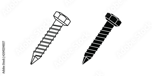 Cuadro en lienzo Hex head screw in line art and silhouette on white background for construction a