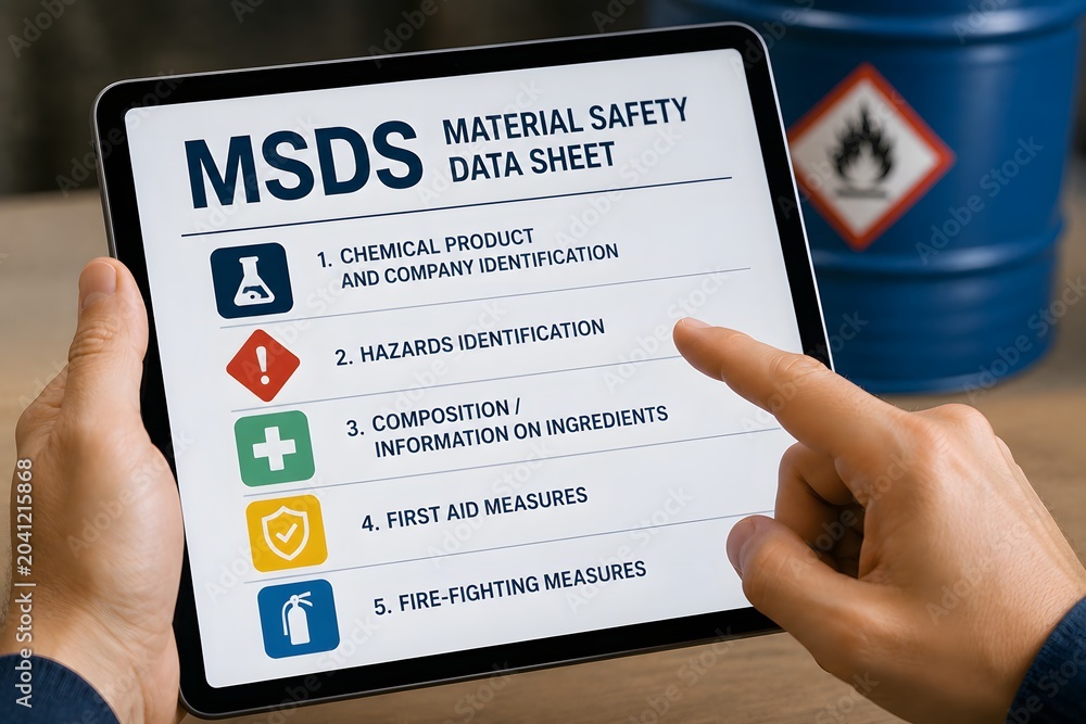 Obraz premium MSDS or Material Safety Data Sheet on a tablet with a hand pointing at it, indicating safety and chemical hazard information.