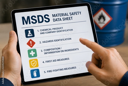 MSDS or Material Safety Data Sheet on a tablet with a hand pointing at it, indicating safety and chemical hazard information.