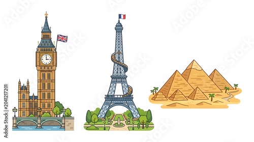 Cartoon world landmarks set, illustrated Eiffel Tower, Pyramids, Big Ben, flat vector, colorful, isolated white, no people no animals


