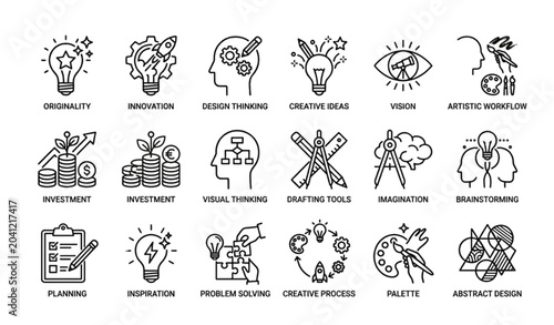 Fotografie Thin linear creativity icon set with editable stroke featuring originality innov