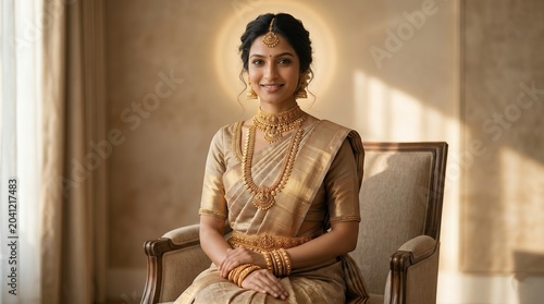 Elegant Indian woman in traditional gold silk saree