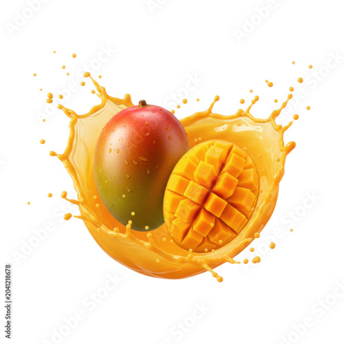 Hyper-realistic whole and half Alphonso mangoes, with diced flesh, enveloped in a dynamic orange nectar splash against a transparent background, concept for vibrant tropical food advertising