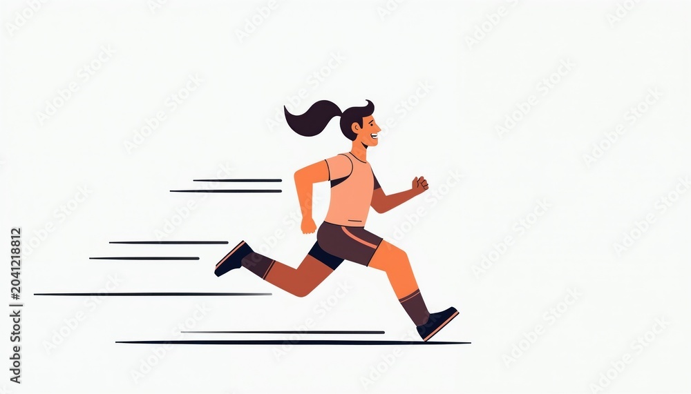 Obraz premium Woman runs fast with ponytail and sport clothes. Energetic female athlete strides forward with speed lines. Woman trains for marathon race. Active person moves quickly.