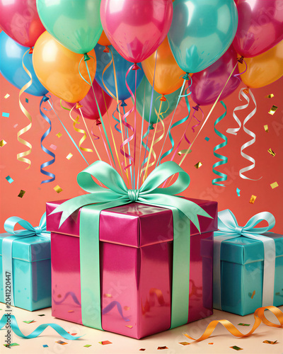 Multicolored balloons and ribbons rise from a large pink gift box with a green ribbon, surrounded by smaller blue gifts, on an orange background, celebrating a birthday.