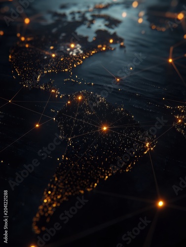 View of the Earth at night showing lit cities and connected networks across continents highlighting global interconnectivity over a dark background