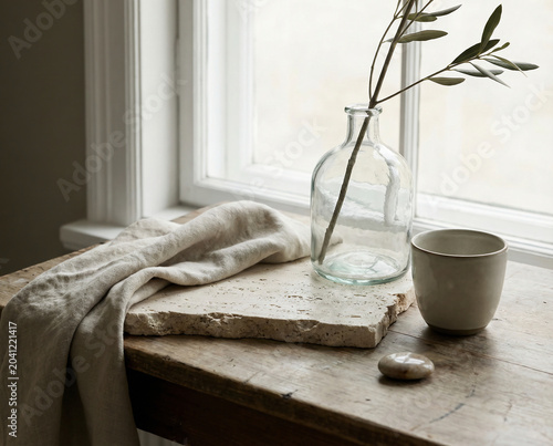 Minimalist still life featuring a glass vase, ceramic cup, and natural textiles by a window, creating a calm Scandinavian-inspired interior atmosphere.