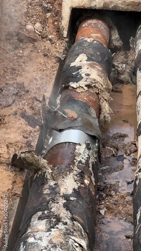 Emergency failure of heating pipe with steam and water leak in excavation trench