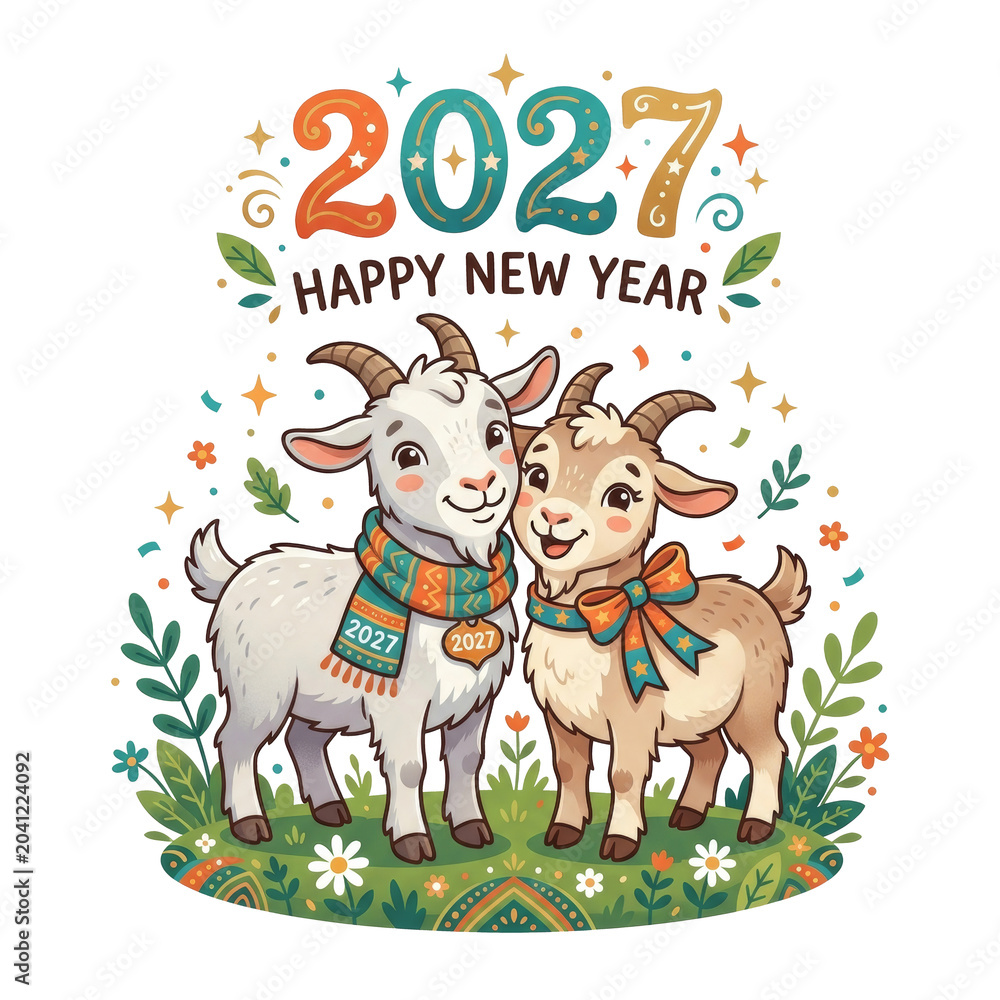 Fototapeta premium Pair of cute goats celebrating New Year 2027 on transparent background. Cartoon animal illustration with scarf and bow for holiday greeting card design. Winter seasonal celebration.