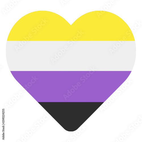 Non-binary pride flag heart shape vector icon — gender neutral LGBTQ+ love symbol flat design, yellow white purple black stripes, isolated transparent background