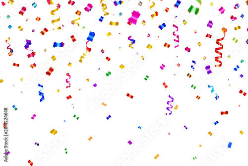 Colorful confetti and streamers falling down on a white background for celebrations