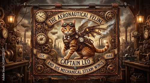 Steampunk aeronautical cat captain in intricate vintage frame.