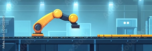 Robot arm operates on a factory assembly line during daytime with bright lighting and a clean modern setup