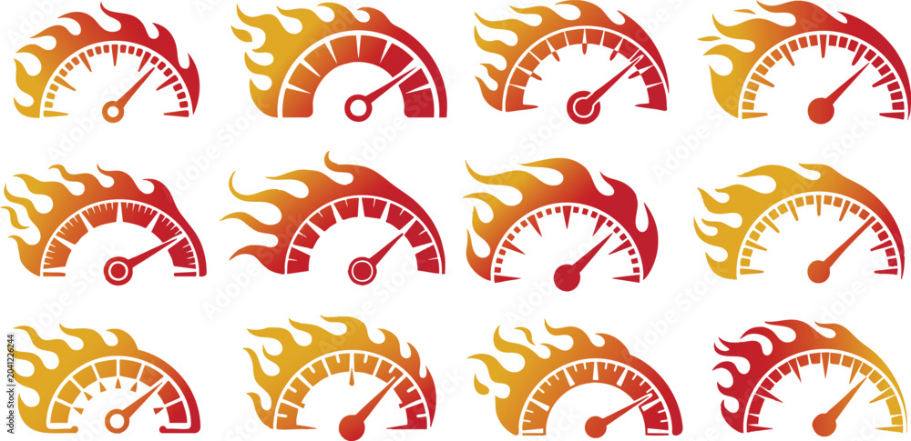 Obraz premium Speedometer icons set. Speed indicators with arrows. Fast speed. Internet speed, gauge, dashboard, indicator, tachometer, scale. Credit score indicator. Risk levels meter icon