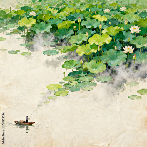 Chinese Ink Painting Of Fisherman Rowing Boat In Misty Lotus Pond