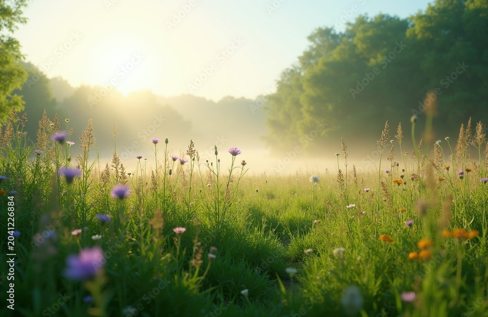 Naklejka premium Sunlight shines on meadow with diverse wildflowers. Gentle mist floats over green grass. Peaceful scene offers quiet calm and natural beauty. Freedom feels in open air.