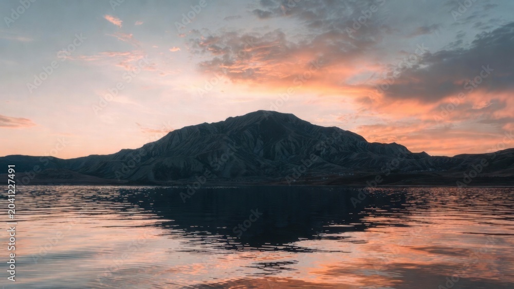 Fototapeta premium Mountain silhouette reflects in calm, golden waters