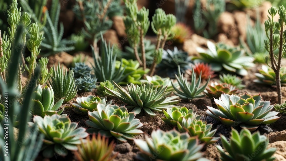 Fototapeta premium Sunlight bathes a vibrant succulent garden