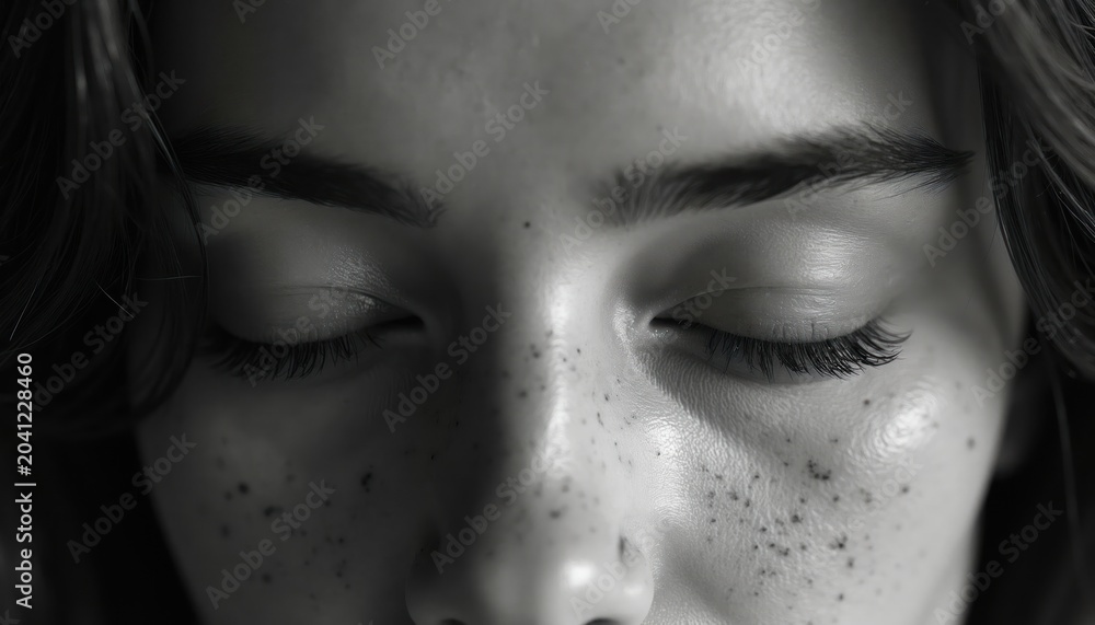 Fototapeta premium Close up black and white macro shot of a woman face. Eyes closed, visible freckles. Natural beauty, peaceful mood, skin detail. Calm expression, soft light.