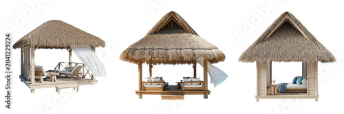 Foto Set of a tropical thatched roof beach hut, perfect for vacation travel branding,