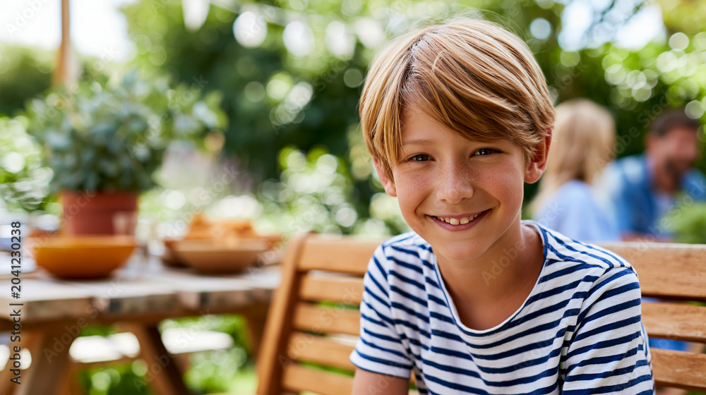 Fototapeta premium Close-up of a smiling boy sitting on a wooden garden bench during a sunny backyard family picnic, backyard picnic concept, garden bench photography, warm outdoor lifestyle,