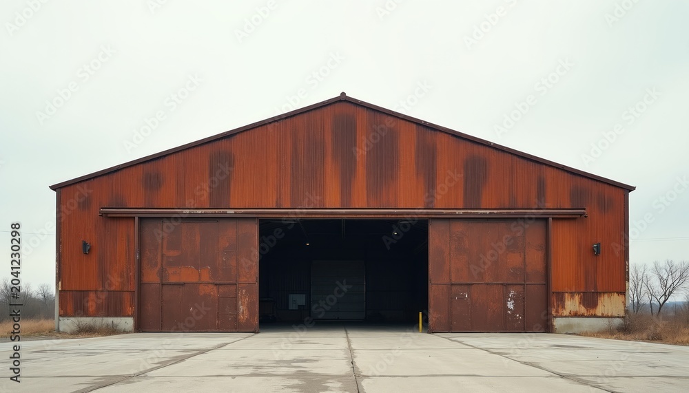 Fototapeta premium Large old rusted industrial hangar building with open sliding doors. Weathered metal structure exterior. Concrete apron outside facility. Overcast sky backdrop.