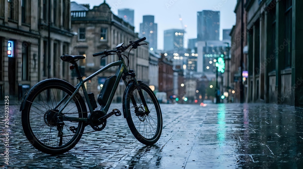 Fototapeta premium Electric bike parked on wet cobblestone street in urban downtown area with modern skyscrapers in background, suitable for transportation and eco-friendly commuting concepts.