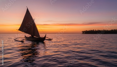 Traditional Micronesian outrigger canoe sailing at sunset on tranquil waters, honoring Asian and Pasifika Ancestry Month as a symbol of indigenous heritage concept