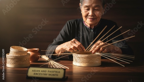 An elderly Laotian woman making traditional bamboo sticky rice baskets, honoring Asian and Pasifika Ancestry Month concept with cultural heritage and craftsmanship