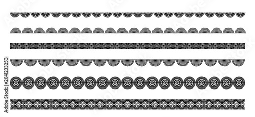 Collection of decorative lace borders and trims with floral circular ornaments on blue background. Perfect for wedding, textile, and design projects. Stock vector illustration in ornamental style.